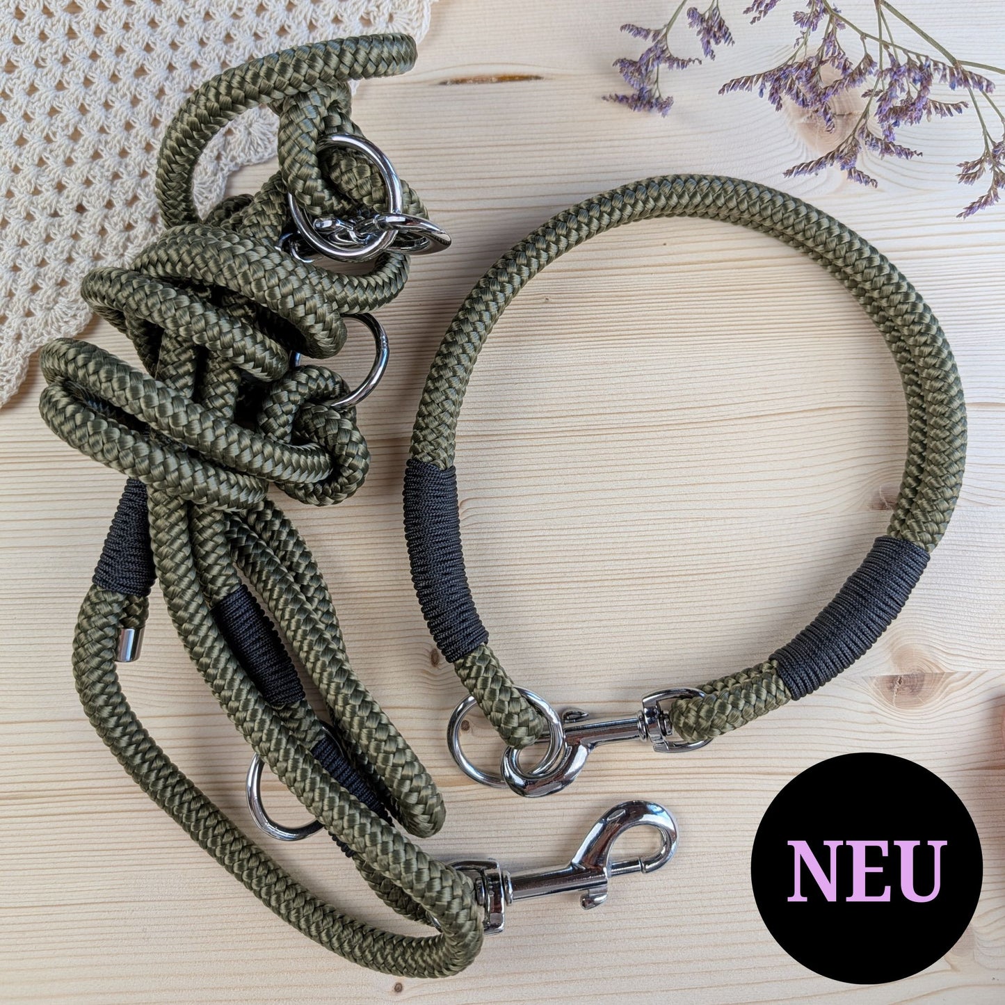 SET aus Leine und Halsband olivgrün - schwarz