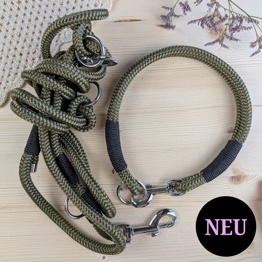 SET aus Leine und Halsband olivgrün - schwarz