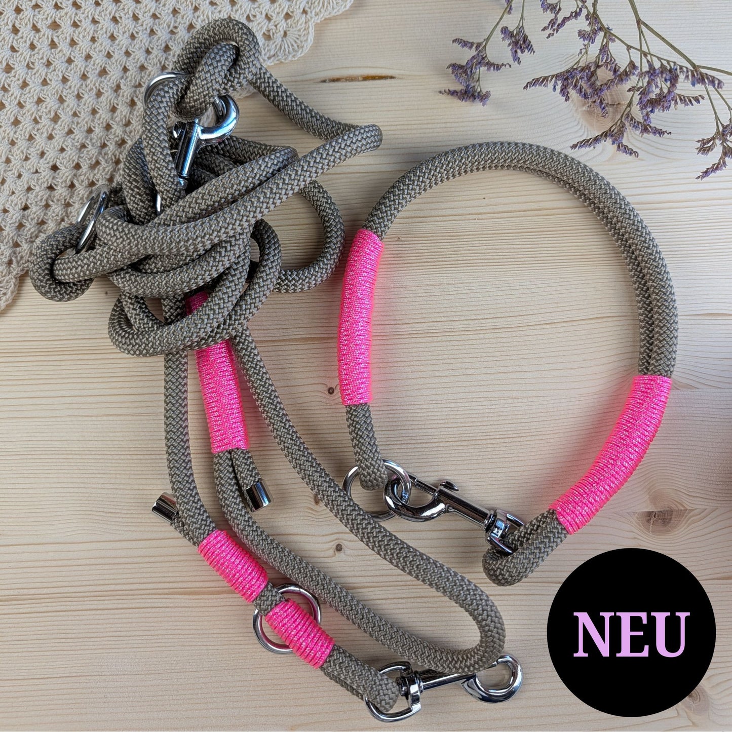 SET aus Leine und Halsband beige - neonpink