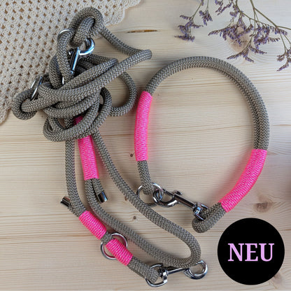 SET aus Leine und Halsband beige - neonpink