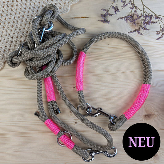 SET aus Leine und Halsband beige - neonpink