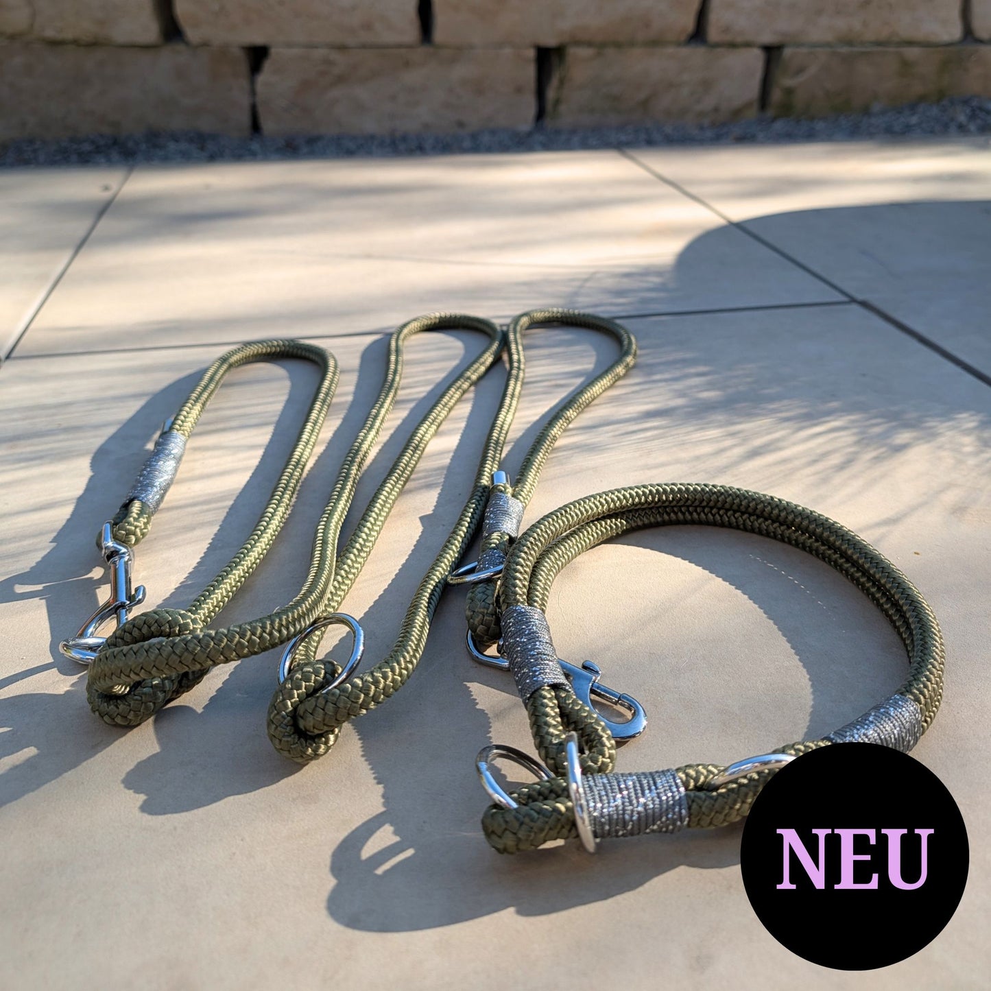 SET aus Leine und Halsband olivgrün - silber
