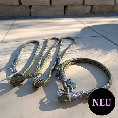 SET aus Leine und Halsband olivgrün - silber