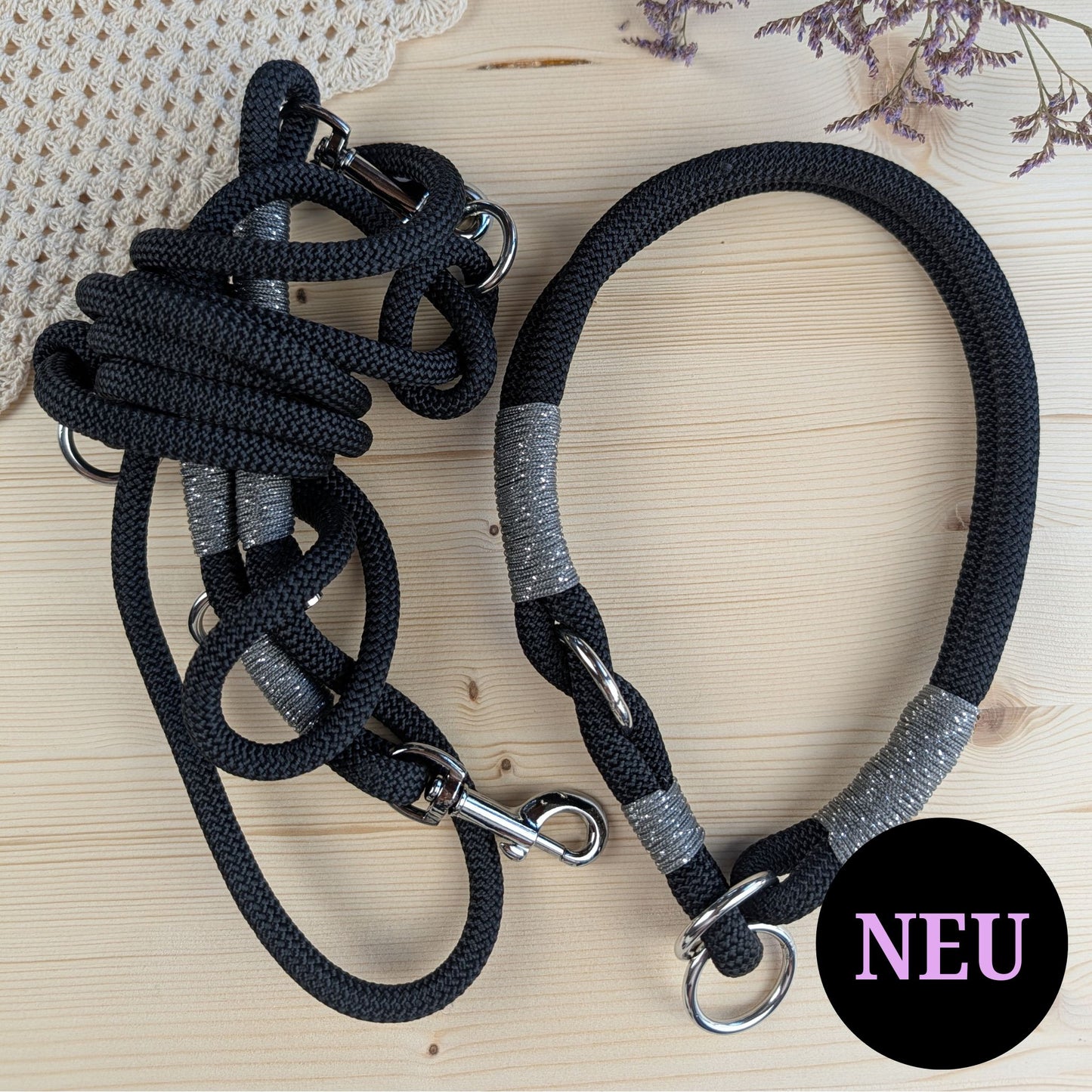 SET aus Leine und Halsband schwarz - silber