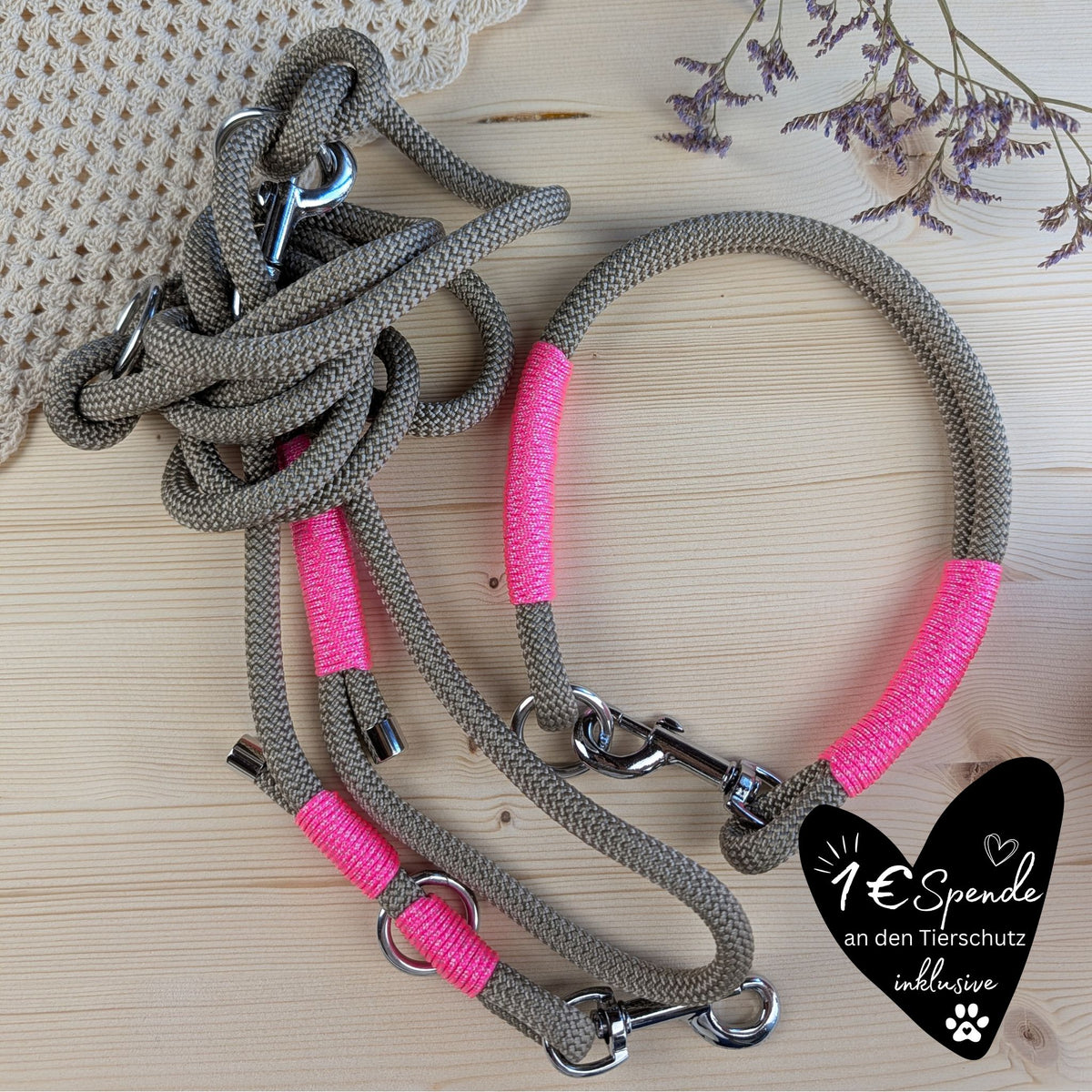 SET aus Leine und Halsband beige - neonpink