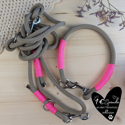 SET aus Leine und Halsband beige - neonpink